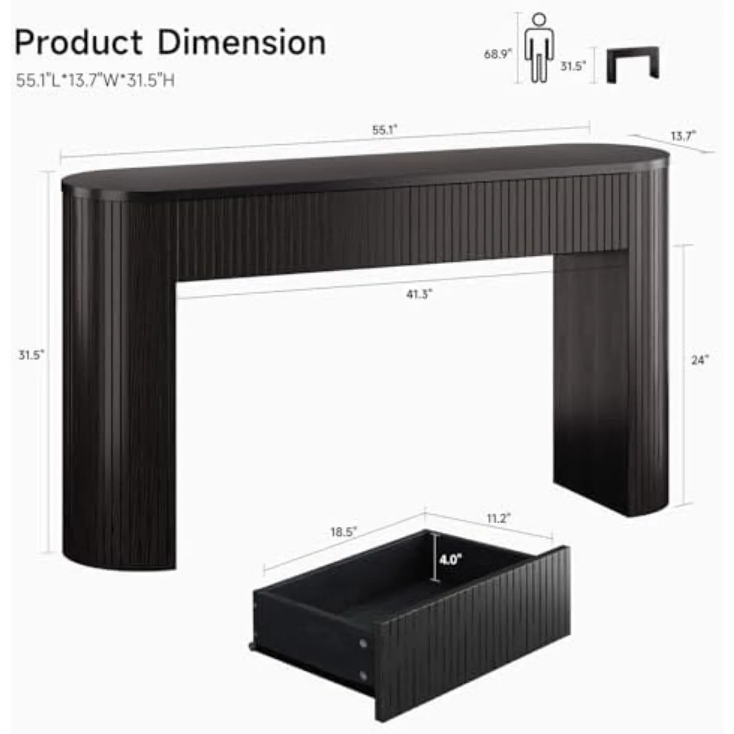 55 Inch Console Table with 2 Drawers, Entryway Tables with Storage,Black | Fluted Sofa Table Behind The Couch, Hallway view 2