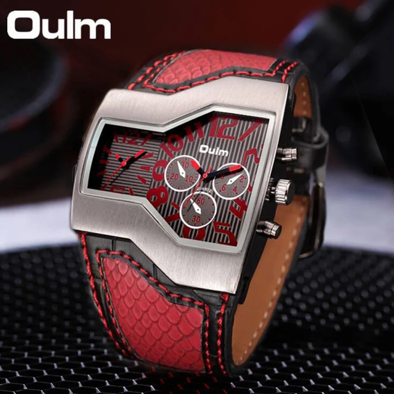 Oulm Unique Dragon Texture Design Men\'s watches Two Time Zone Quartz Clock Male Sport Waterproof Watch Leather Strap Wristwatch