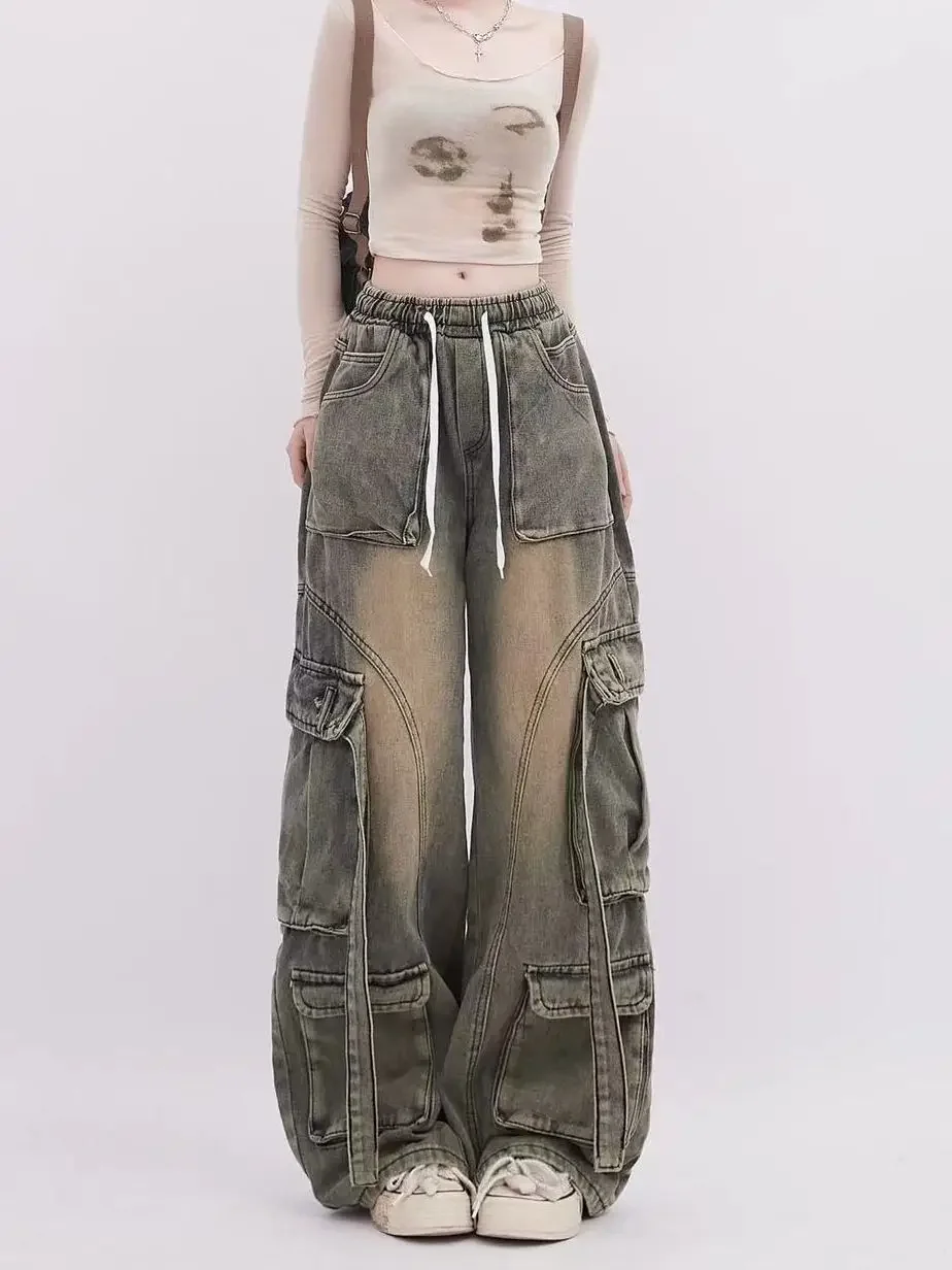 

Уличная одежда Y2k, винтажные джинсы-карго, женские мешковатые широкие джинсовые брюки в американском стиле ретро 2000-х годов, тройные брюки-карго