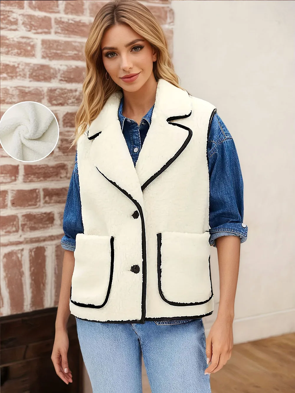 Hot Selling Black White Color Block Lamb Wool Vest Lapel Pocket Sleeveless Coat Casual Style Fashion Waistcoat For Women