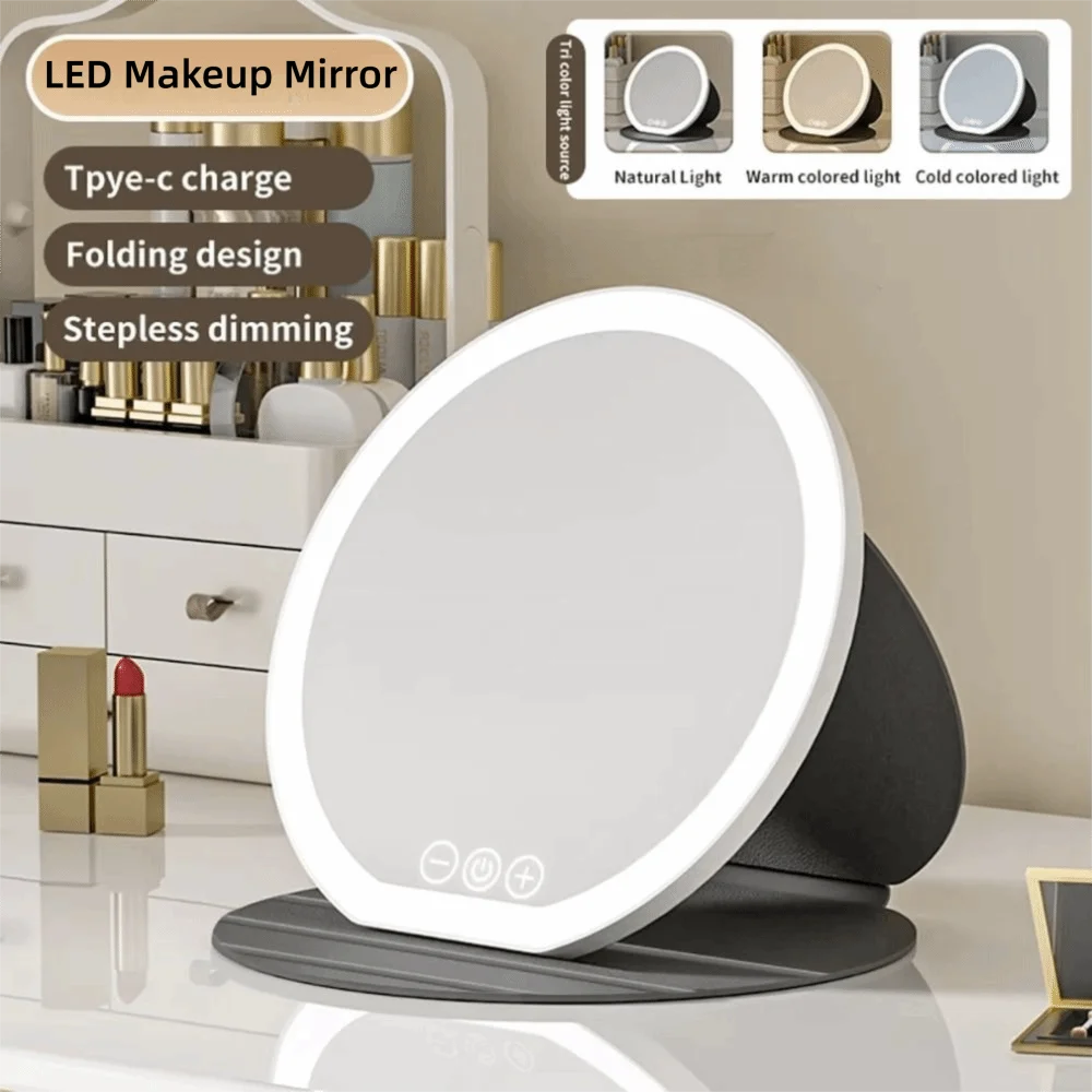 

3 Color LED LED Makeup Mirror Leather Case Dimmable Lighted Desktop Mirror Touch Screen Round Mirror Portable Vanity Mirror