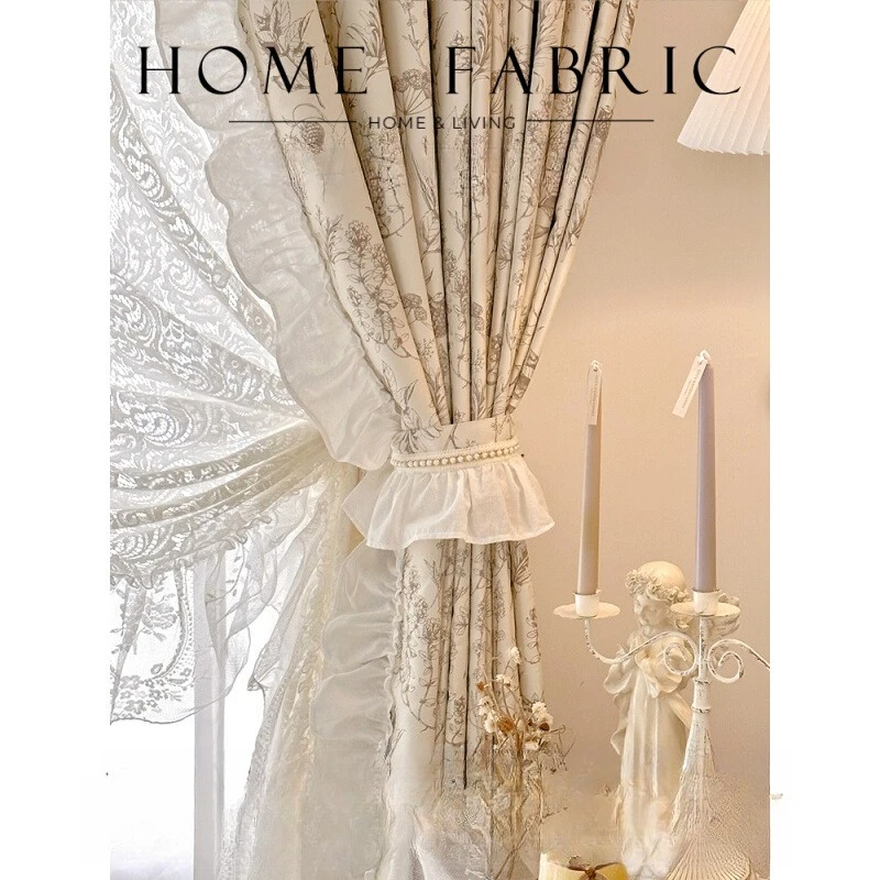 Romantic French Retro Rococo Light Cream Colored Lace with Small Fragrance and Lotus Leaf Lace Blackout Curtains