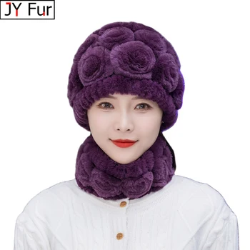 Inverno lavorato a maglia 100% cappelli di pelliccia naturale sciarpe set donne caldo vero cappello di pelliccia di coniglio Rex sciarpa signora Fashiom cappello di pelliccia di coniglio Rex spesso