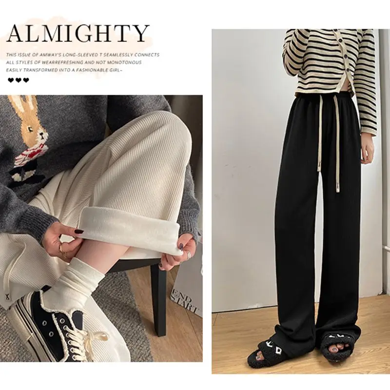 Autumn Winter New Corduroy Trousers Wide Leg Trousers Winter Straight Trousers Plush Thickened Casual Women\'s Trousers