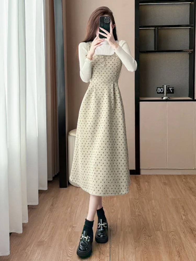 SMTHMA الفرنسية الرجعية الصوفية نقطة الحمالات فستان وتتسابق للنساء الخريف الشتاء طويلة الأكمام قاعدة محبوك سترة قطعتين مجموعة #3