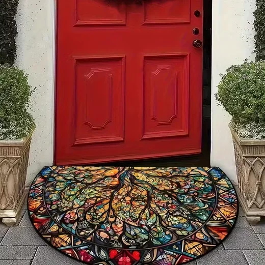 Tai Chi Yin Yang Grey Black Green Tree Life Design Half Round Door Mat Outdoor Indoor Welcome Mat Room Decoration