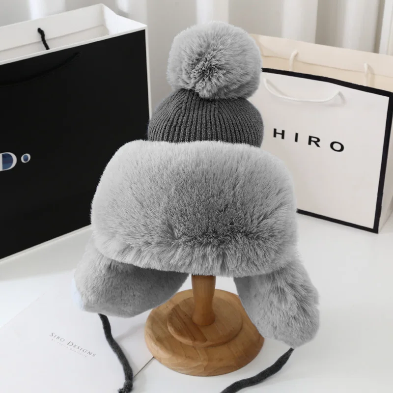 Winter Thick Outdoor Earflap Warm Hat Wool Knitted Snow Ski Cap Fleece Bomber Trapper Hat Women Ushanka Faux Fox Fur Pompom