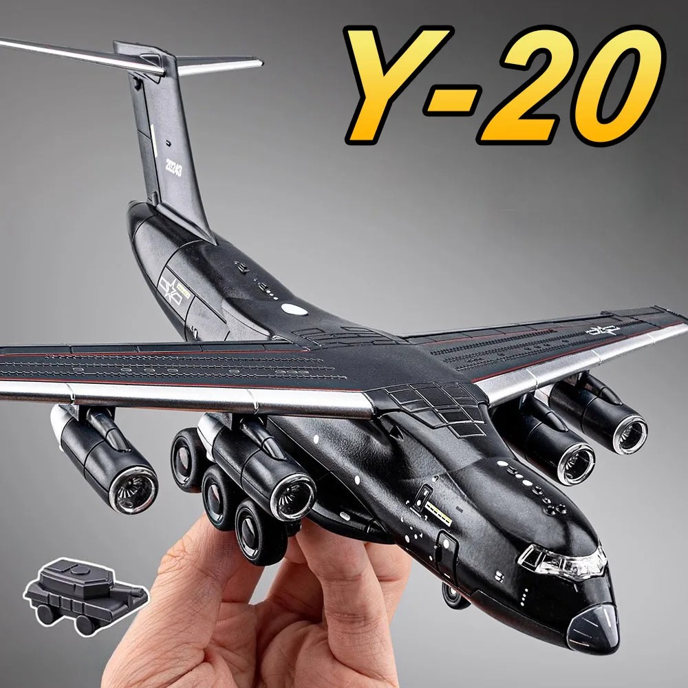 1:180 liga Y-20 modelos de aeronaves de transporte brinquedos carro fundido com luz sonora puxar para trás cabine aberta avião colecionáveis presentes para meninos