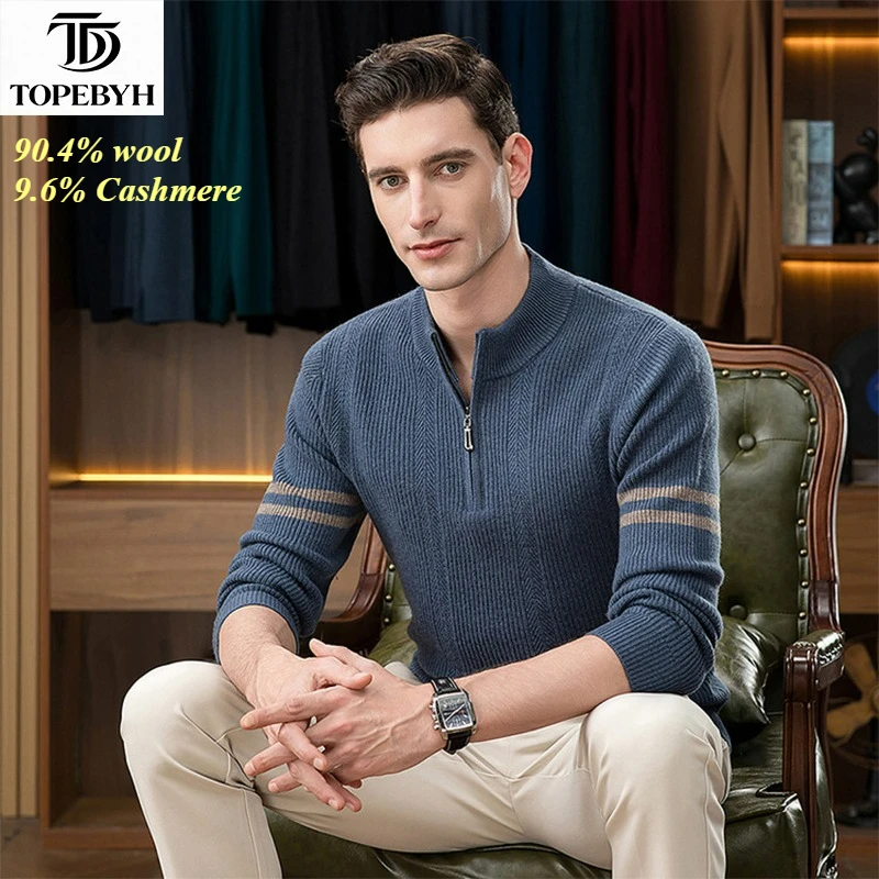 90.4% Wool Cashmere 9.6%Premium Sweater  Long-Sleeve Wool Sweater Knitted  Zip Collar Pullover Tops Coats