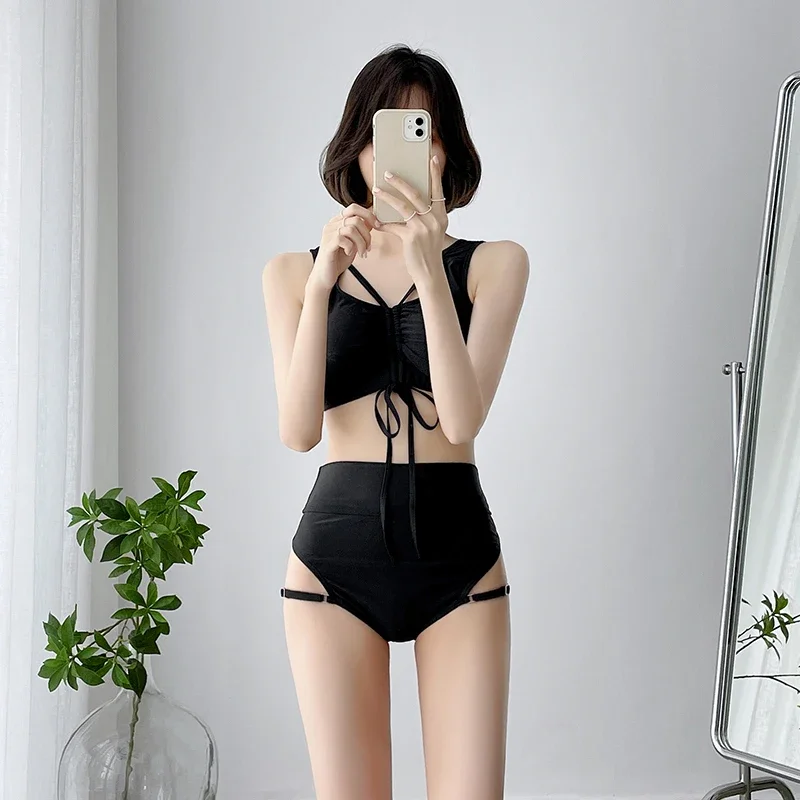 Korean Style High Waist Bikini Set Women Lace Up Biquini Suit Two Pieces Pleated Swimwear Black Swimsuit Bandage Beach Suit 2024