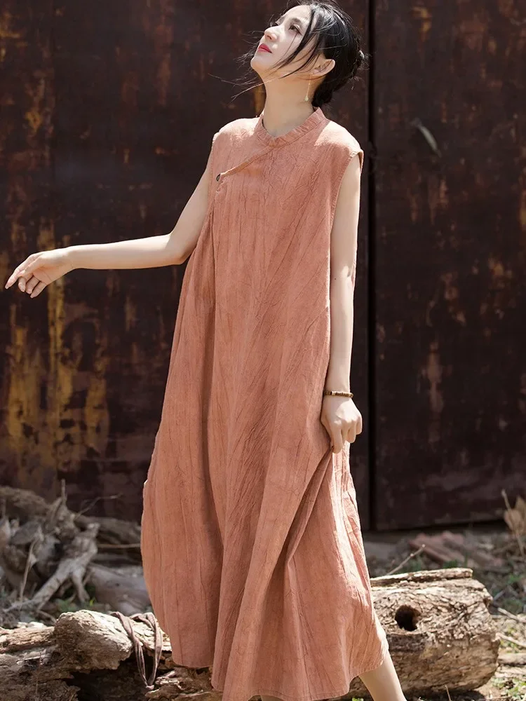 Abito casual in lino di cotone stile cinese donna nuovo arrivo 2025 abiti lunghi a trapezio femminili larghi con colletto alla coreana vintage estivo