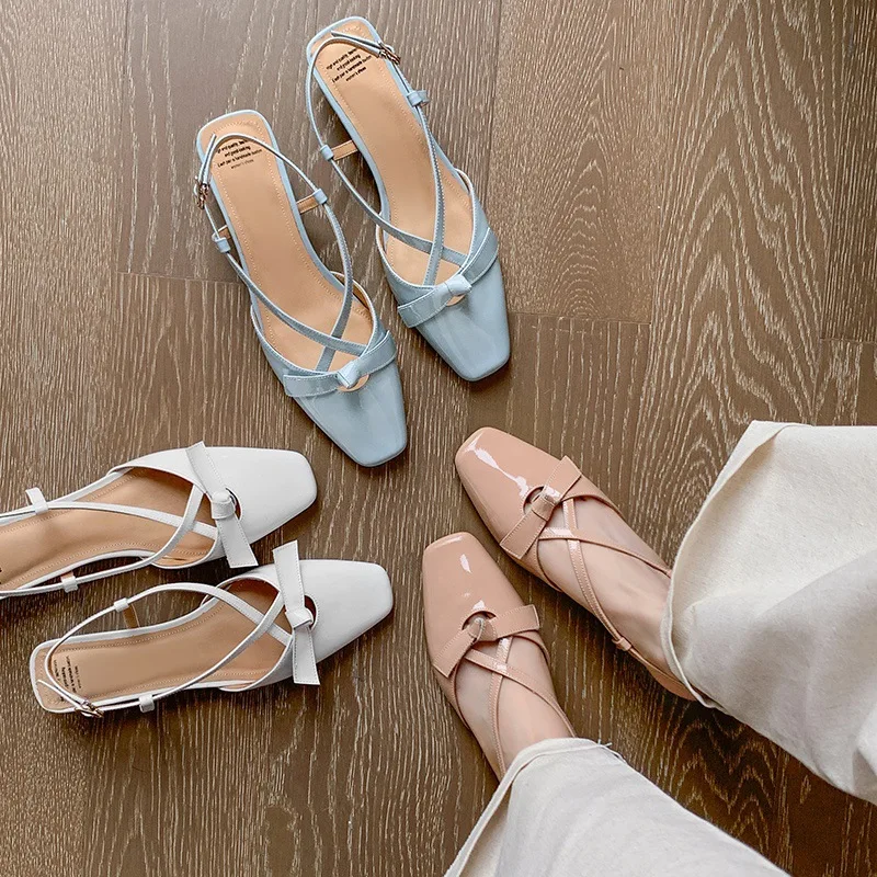 Arden Furtado 2025 Summer cowhide sweet bowknot Closed toe Sandals Square toe Low heel Back Strap Modern Sandals Large size