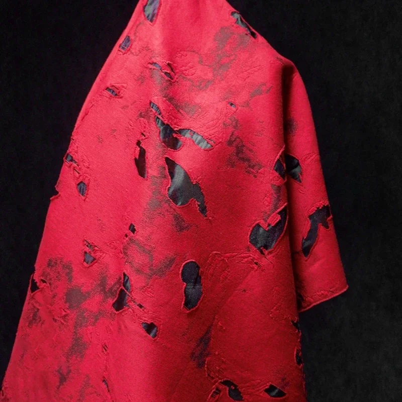 Red Cotton Blend Fabric with Slightly Transparent Yarn Bottom Cut Flowers Tattered Clothing Fashion Jacket Fabric