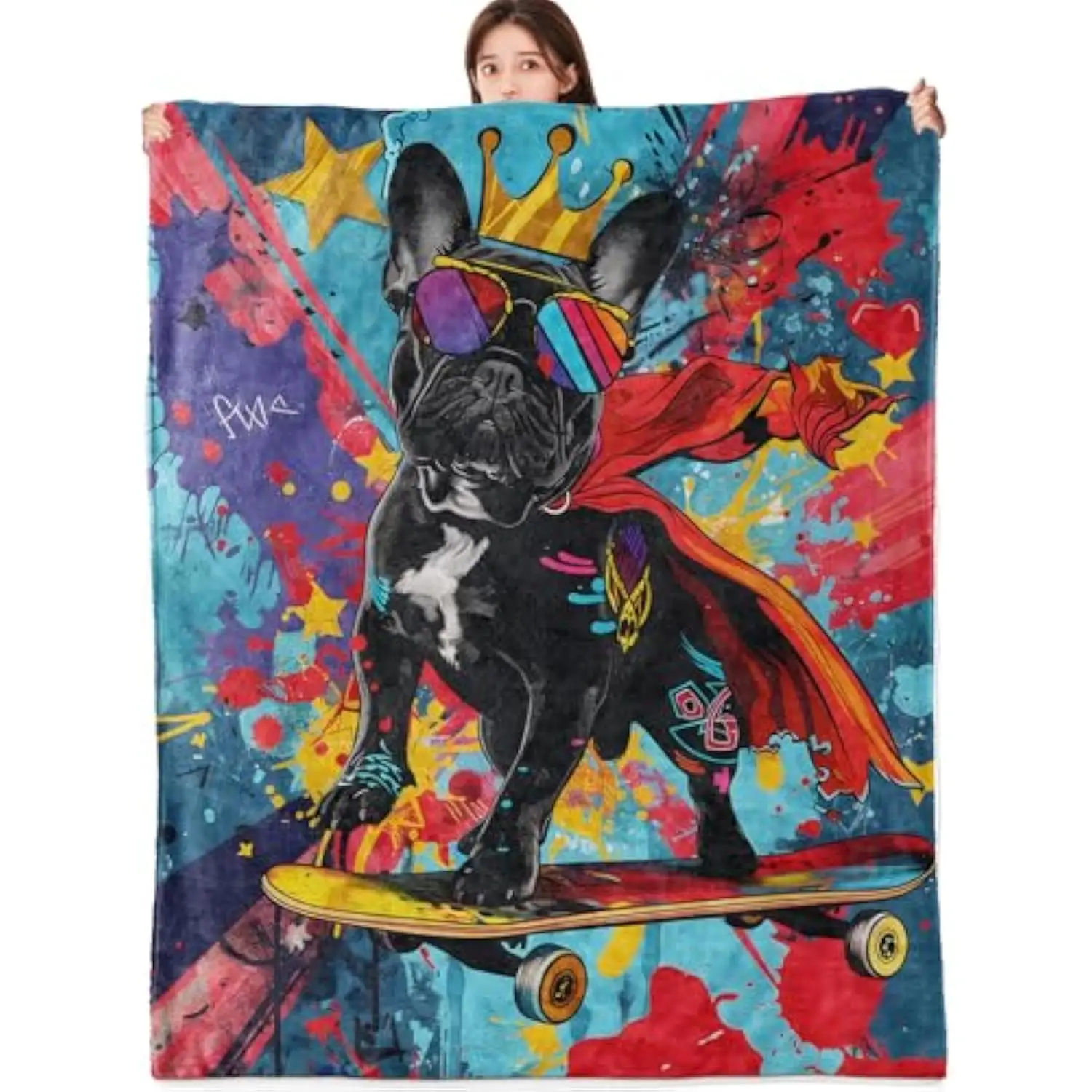 

Cool French Bulldog Skateboard Blanket Soft Flannel Throw Art Print Cozy Couch Sofa Decor Gift