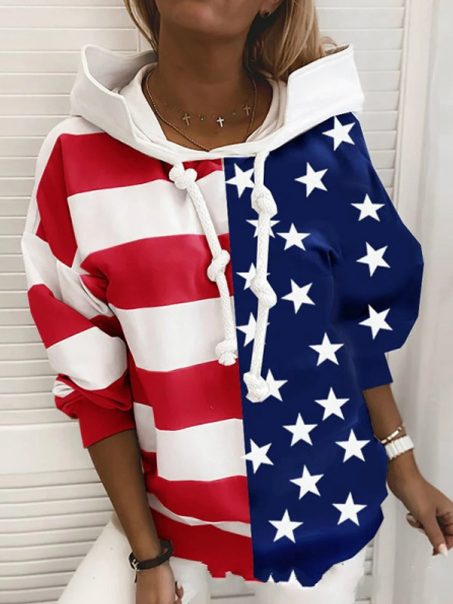 American National Flag Print Hoodies Women Simple Loose Hoodie Y2k  Street High Quality Sweatshirt Sportwear Casual Tops Female