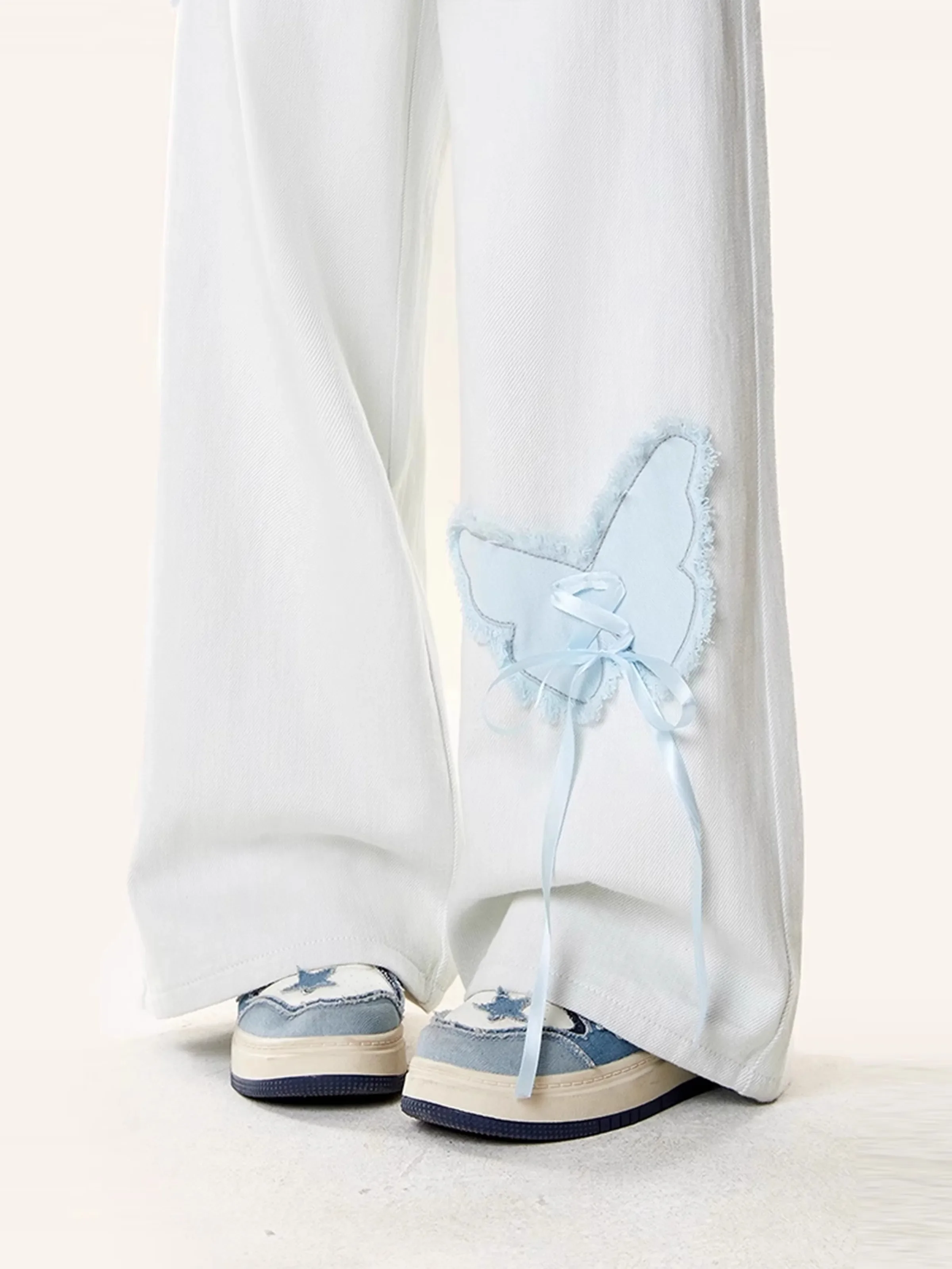 여성 빈티지 자수 나비 Y2k 청바지 하라주쿠 한국 패션 레트로 와이드 레그 팬츠 스트릿웨어 스트레이트 트라우저