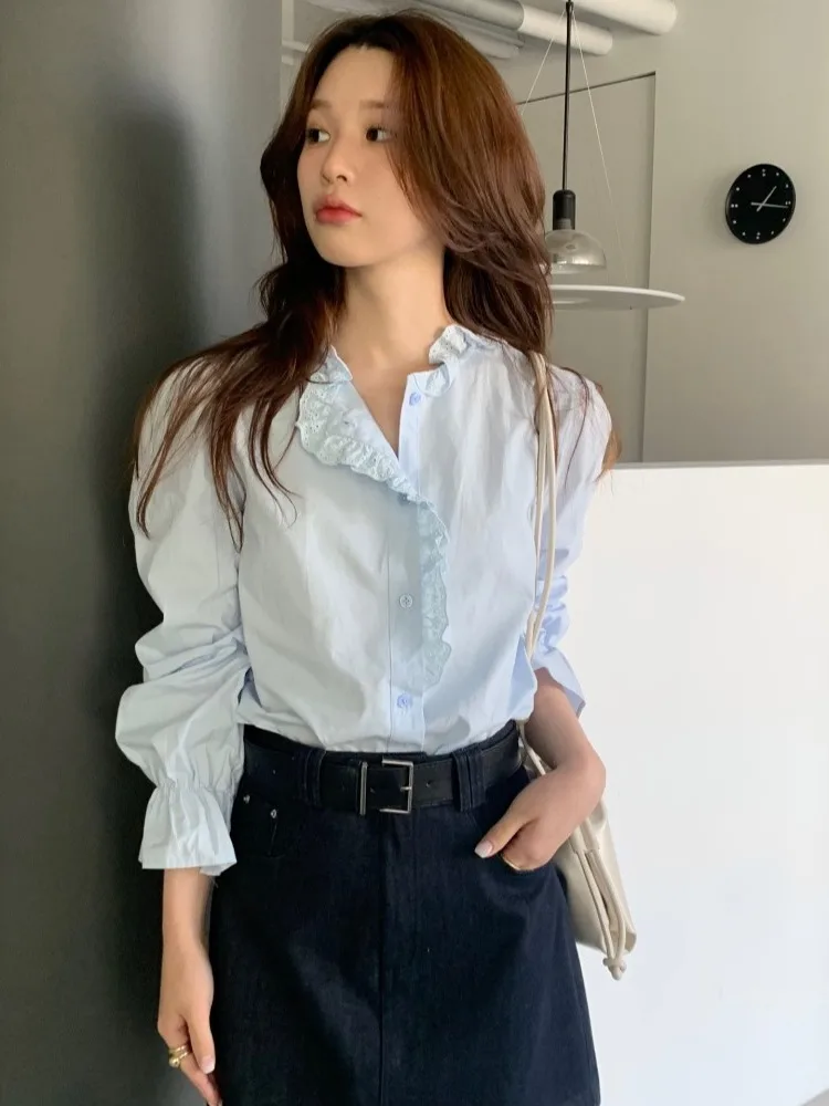 Irt blanco elegante para mujer primavera 2026 dulce Simple empalme diseño de encaje coreano Sle suelto ajuste largo Sve adorno Floral