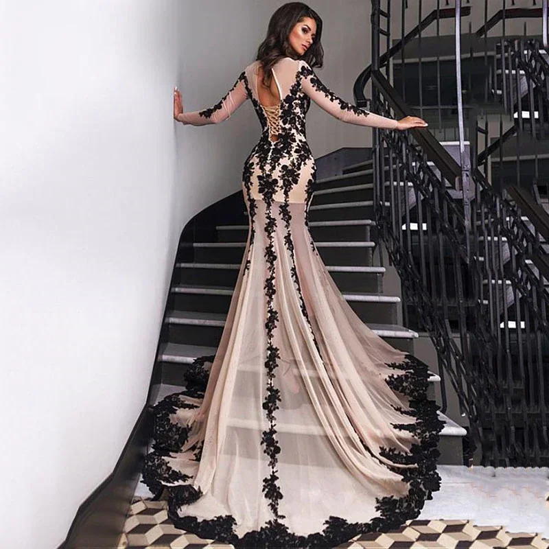 Customized Luxury Black Lace Applique Long Sleeve Dresses Mermaid Evening Dresses Women's Decal Party Dress Prom Dresses