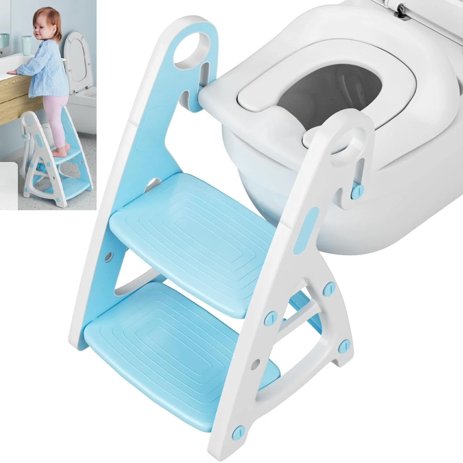 Children's Toilet Seat with Stairs Baby Toilet Seat 2in1 with Step Stool, Triangular Stand, Potty Trainer with PU Padding