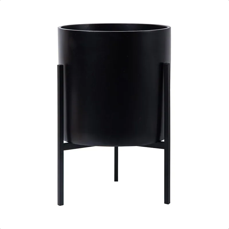 

Dev Mid Century Fiberglass Resin Planter Pot with Iron Stand, 10 inch, Matte Black, 96-A-2-M