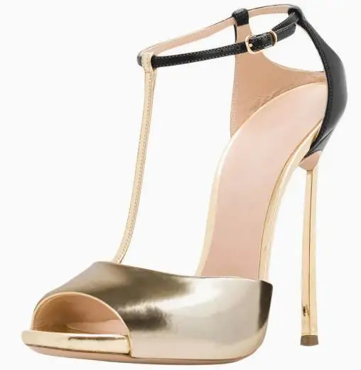 Gold Black Patchwork T Strap Peep Toe Sandals Metal Blade Heels Buckle Strap Thin High Heels Banquet Sandals Heels Women Size 47