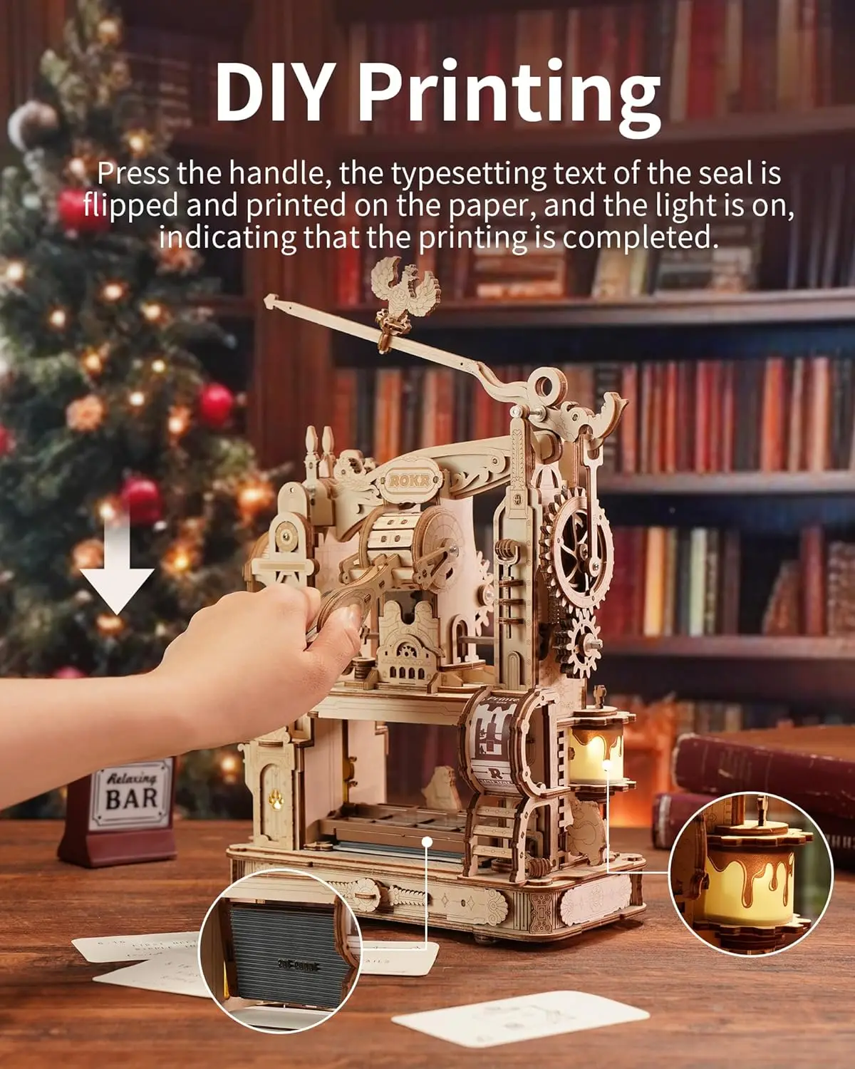 Robotime rokr 3d holz puzzle modell kits klassische druckmaschine mechanische zahnräder für erwachsene