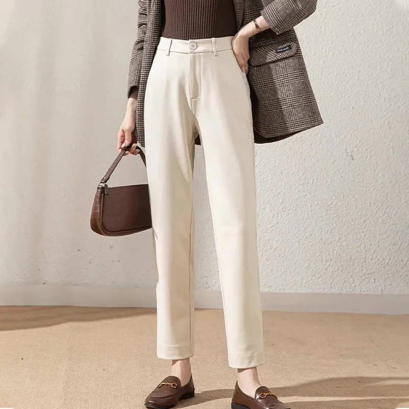 

Woolen Pants Women 2025 Autumn Winter New Arrivals Beige Or Black Suit Pants Trousers Korean Style Elastic Waist Pants
