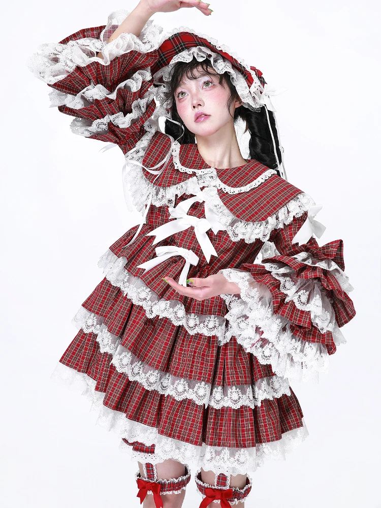 الأصلي اليابانية فتاة لينة لوليتا الأحمر منقوشة فستان المرأة لطيف القوس الدانتيل حافة انفصال الأكمام كعكة فستان الشاي فستان الحفلات Op