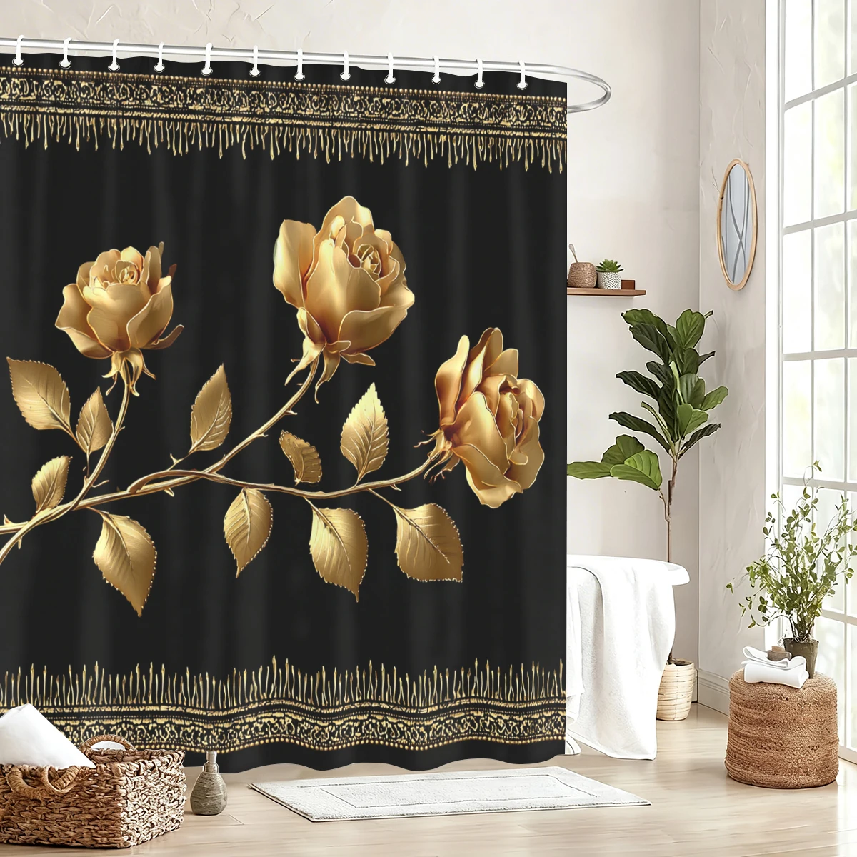 

Gilded Rose Pattern Polyester Shower Curtain - Exquisite Floral Bath Curtain, Stylish Bathroom Decor for Home & Hotel