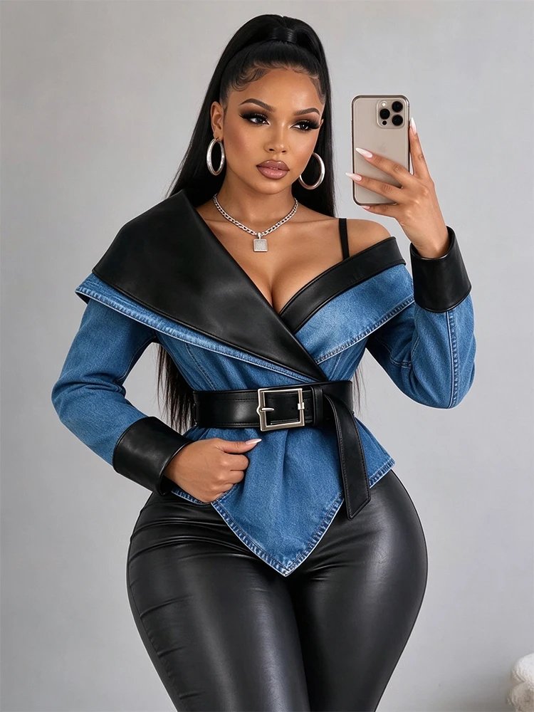Women Off Shoulder Denim Faux Leather Patchwork Jacket Long Sleeve V Neck Asymmetric Hem Shirt Belt Slim Fit Elegant Party Top
