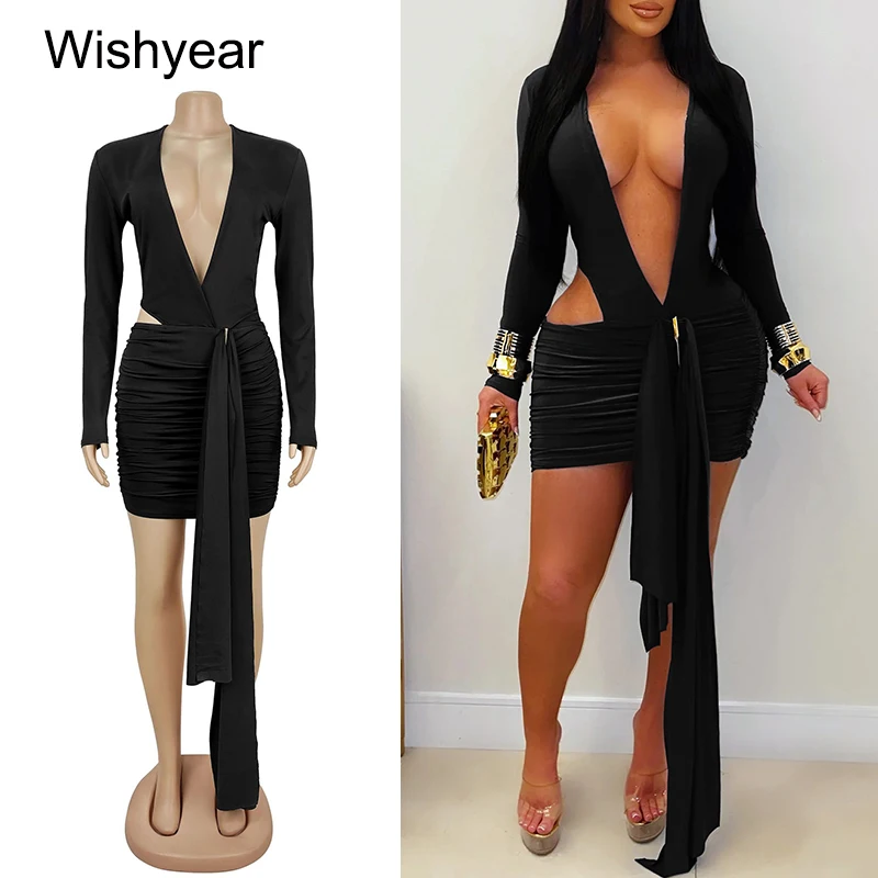 ชุดมินิเดรสสีดำรัดรูปแบบริบบิ้นเซ็กซี่จาก Wishyear สำหรับผู้หญิง คอวีลึก ไร้ขอบเอว ผ้ารูดจีบช่วงสะโพก สไตล์ฮอตตี้ เหมาะสำหรับงานกลางคืนและงานพรอม