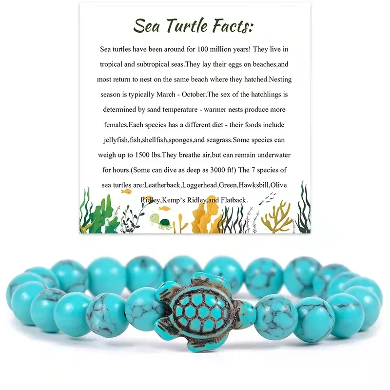 Sea Turtle Pendant Bracelet 8mm Volcanic Stone White Turquoise Beads Bracelet with Card