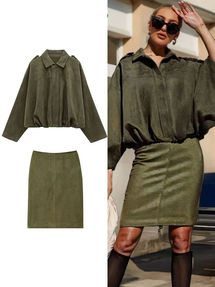 

HH Female Street Fashion Suede Set Lapel Long Sleeves Bomber Jacket + High Waist Hem Slit Slim Skirt Vintage Green Suit