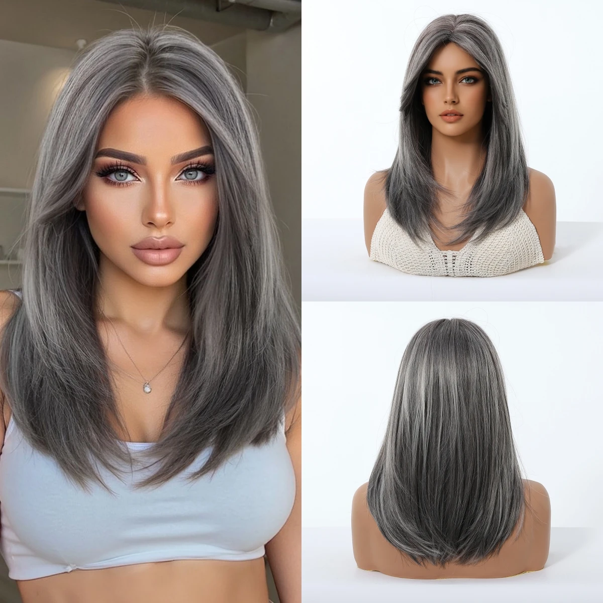 Gray Brown Natural Wigs With Eight Character Bangs For Women Daily Cosplay Medium Length Straight Synthetic Wigs Heat Resistant