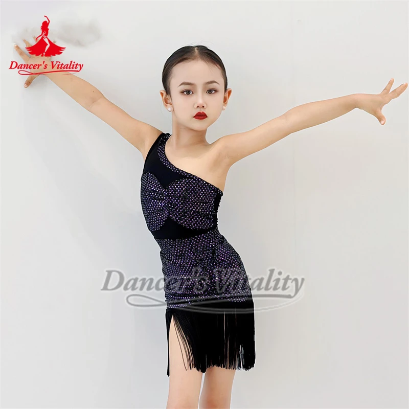 

Детская чача-самба-румба с наклонным вырезом, латинская тренировка, танцевальная группа, юбка с бахромой, костюм из двух предметов, жизненность танцора