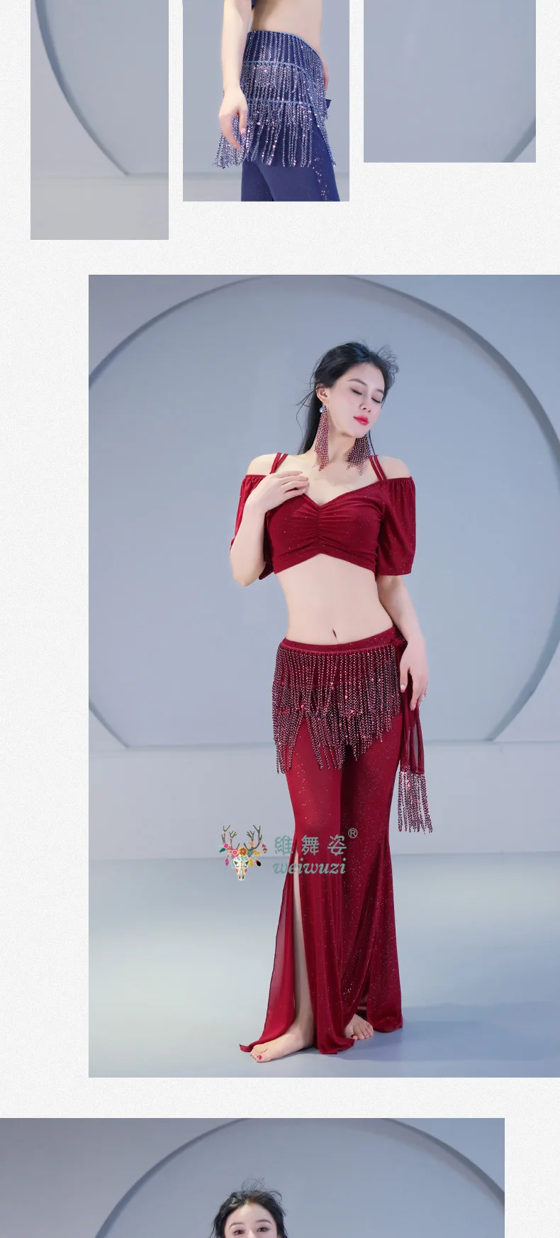 Bauchtanz-Kleidung für Damen, sexy schulterfreies Mesh-Oberteil + sexy langer Rock mit Schlitz, orientalischer Tanzkostüm für Erwachsene – Detail 9