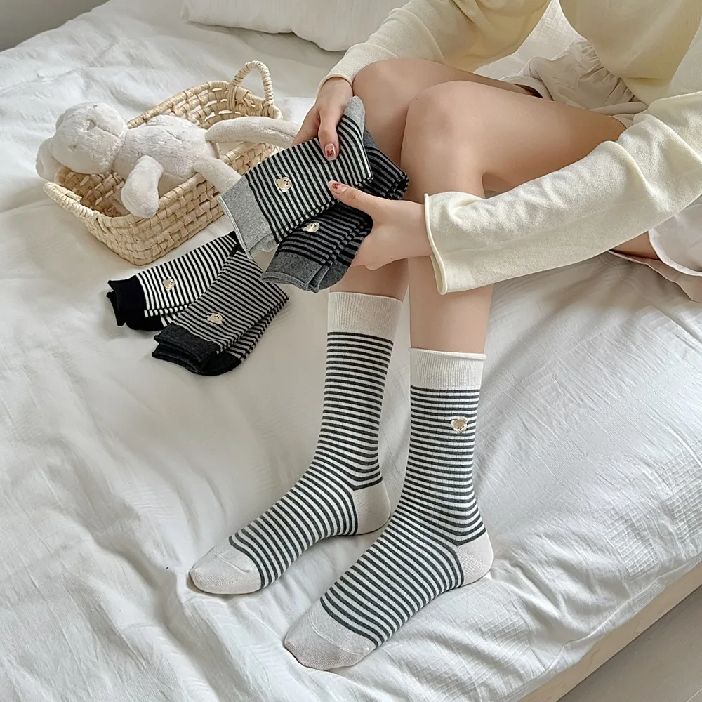 Women's Socks Pinstripe Mid-tube Girls Cartoon Cute Bear Korean Japanese All Matching Academy-style Cotton Socks Ins Stockings
