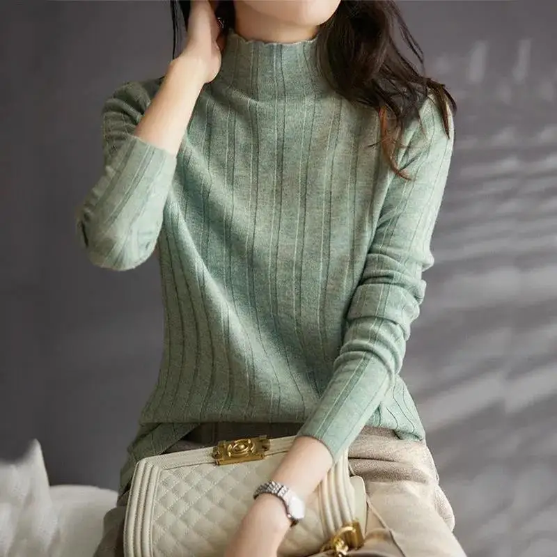 

2024 New Fashion Women's Half Turtleneck Sweater Women's Base Shirt Loose Knitted Top Long Sleeve T-Shirt Trend