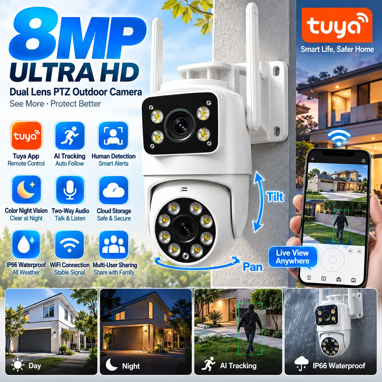 8MP 4K Tuya Dual Lens Dual Screen PTZ Security Camera Outdoor WiFi IP Camera AI Human Auto Tracking CCTV Home Surveillance