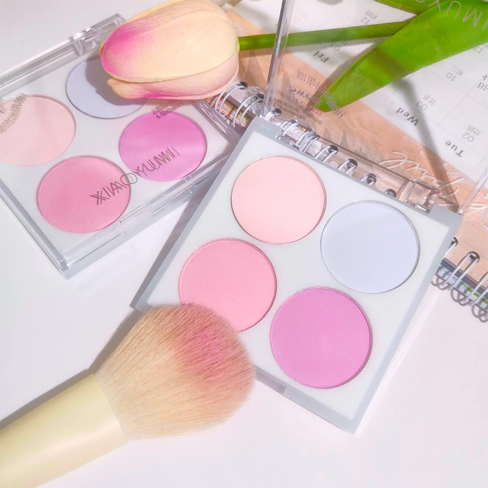 لوحة أحمر الخدود مكونة من 4 ألوان - تركيبة بودرة الآيس كريم وإسفنجة مختلطة، مستحضرات تجميل مريحة للمكياج اليومي وتصفيف مكياج بسيط