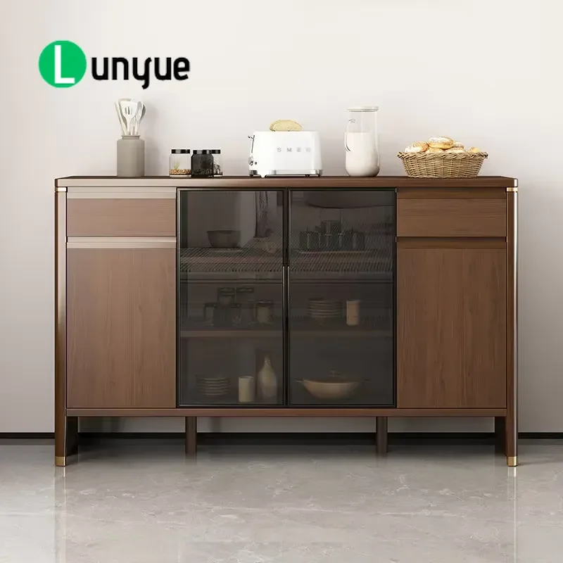 Modern Sideboard Buffet Cabinet Medieval Style Solid Wood Kitchen Storage Cupboard with Tempered Glass Door Gold Metal Handle