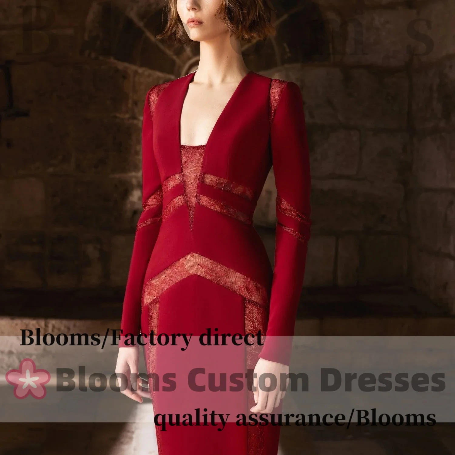 Customized Red Lace Patchwork Long Sleeves Elegant Women Evening Dresses For Formal Occasion Prom Dress Mermaid Party Gown