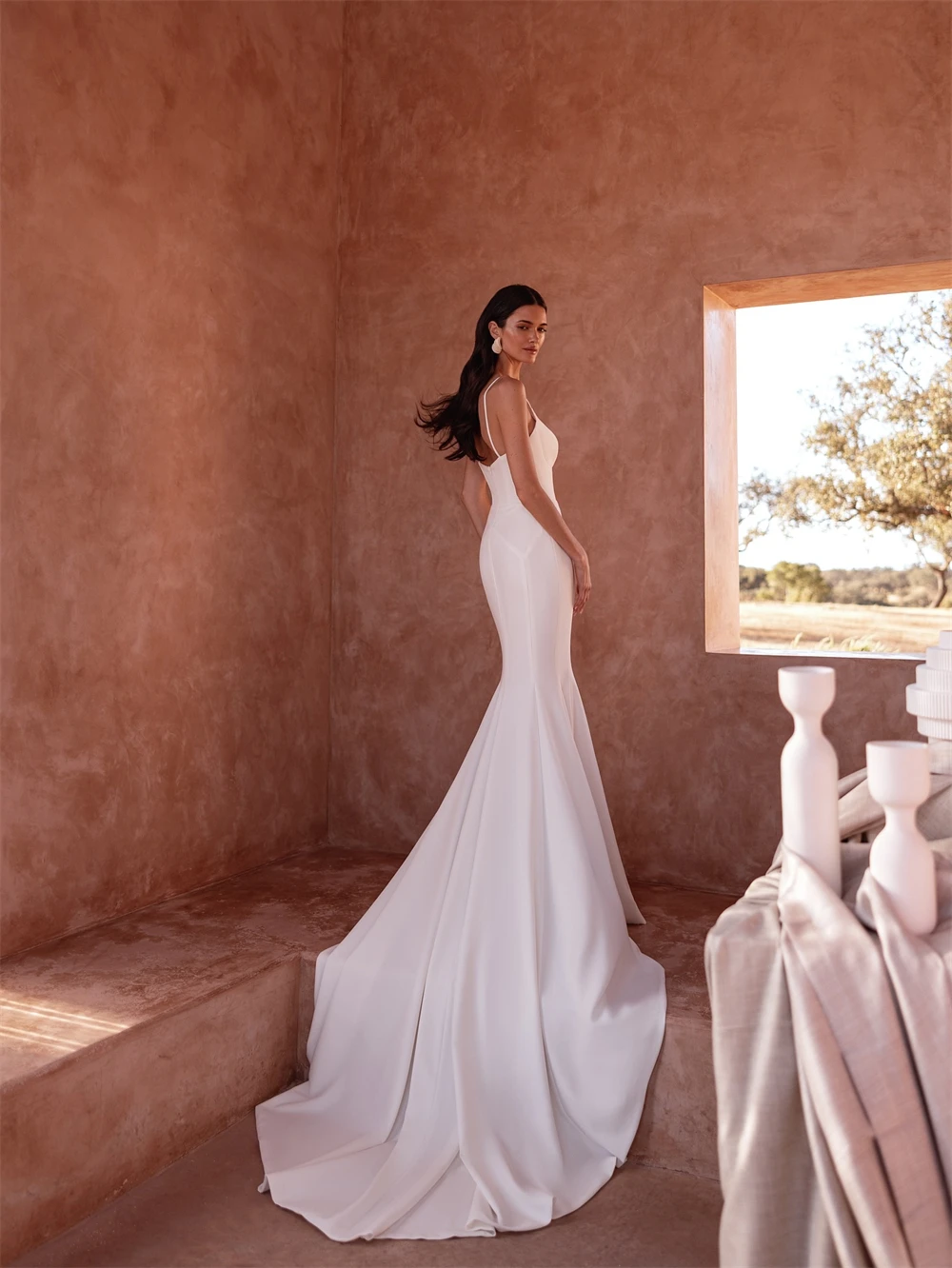 فستان زفاف أنيق من الساتان الأبيض مخصص على شكل قلب ناعم بدون أكمام فساتين زفاف ناعمة حورية البحر ذيل محكمة فيستدو دي نوفيا #3