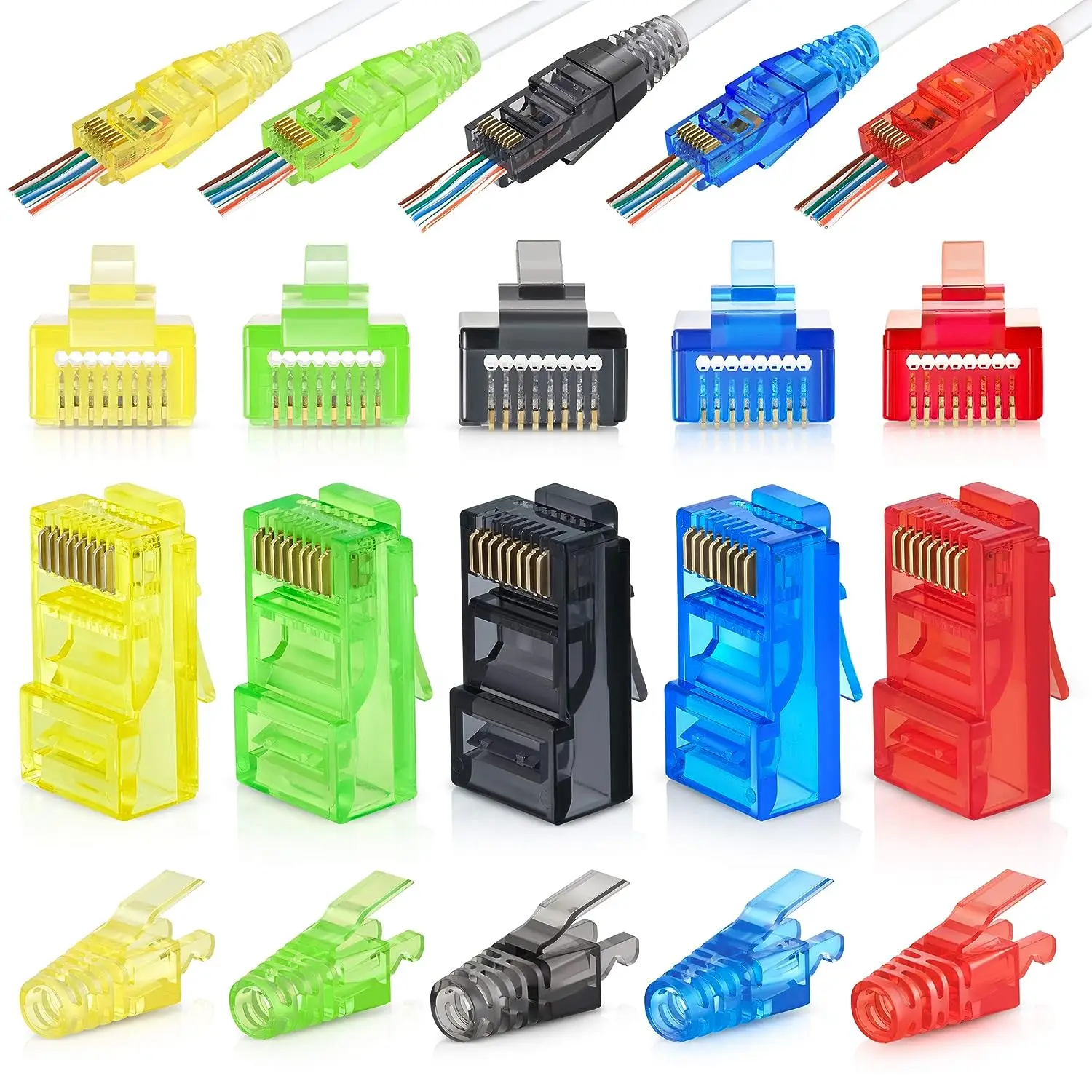 Pack of 50/50 RJ45 Cat6 Pass Through Connectors and Strain Relief Boots, Assorted Colors EZ to Crimp Modular Plug