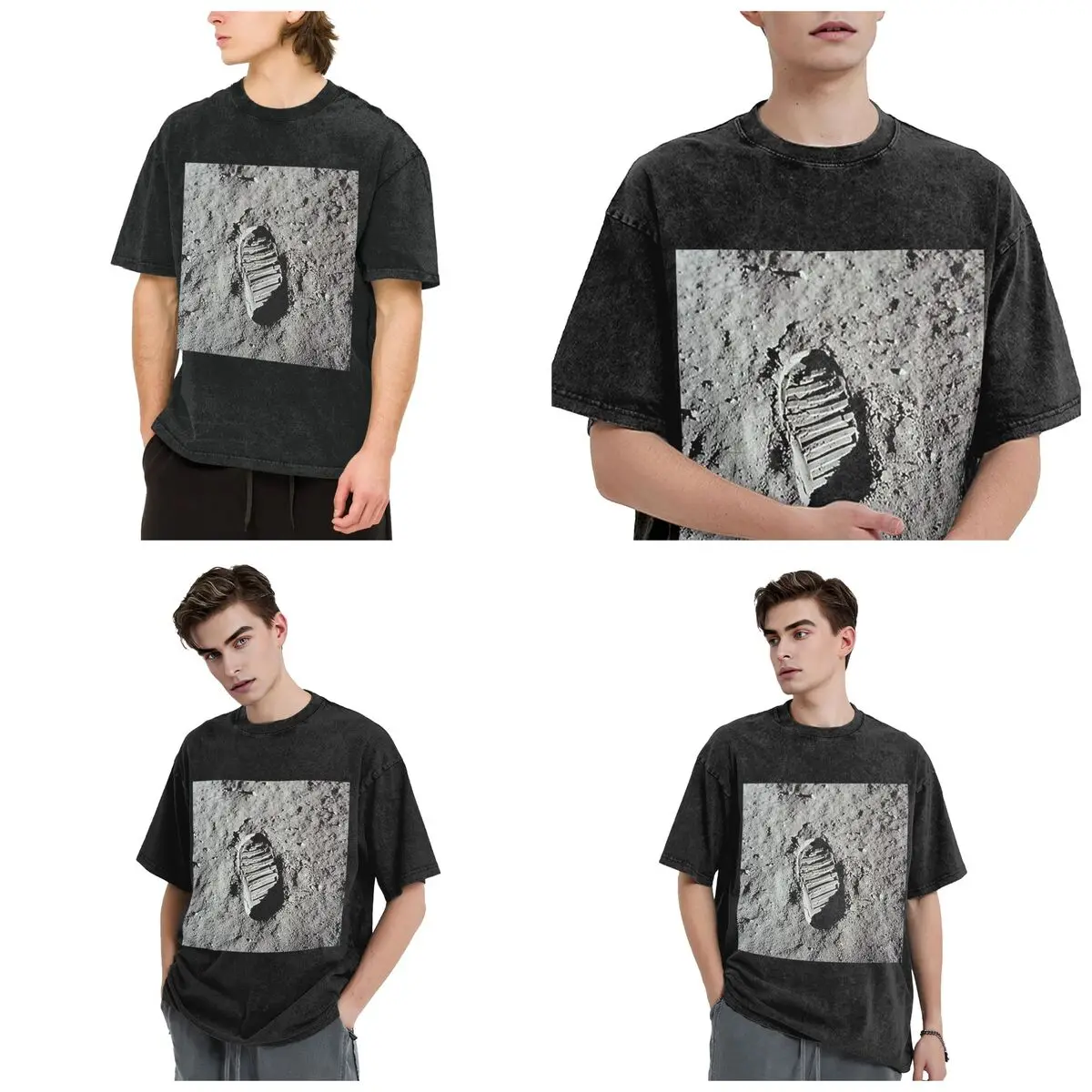 Footprint On The Moon By Buzz Aldrin Apollo Hip Hop Short Sleeve T-Shirts Washed Tops Tees Streetwear T Shirt Casual Men Women