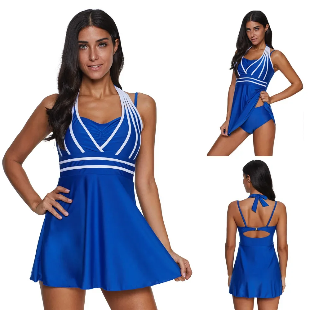 Plus Size Beach Dress 2023 Fashion Style Sexy Solid Color Stripes Multicolor Halter Skirt Type 4XL Swimsuit for Women