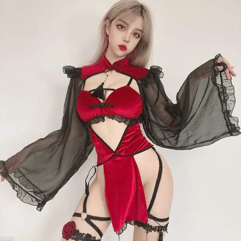 OJBK-Lingerie sexy en dentelle pour femmes, gothique, punk, noir, rouge, demoiselle d'honneur, tentation, démon maléfique, entrejambe ouvert, cosplay, robe dos nu, olympiques