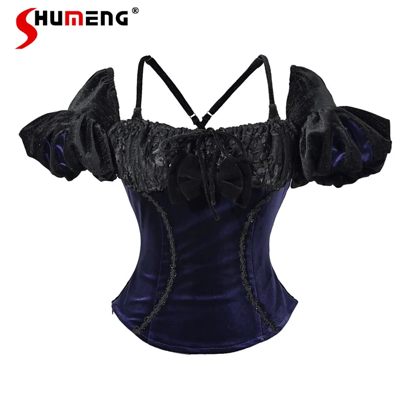 

Японский Хэллоуин, готический бархатный галстук с пышными рукавами и открытой спиной, приталенный пуловер, рубашка, женская короткая шикарная блузка, осенний топ Blusas