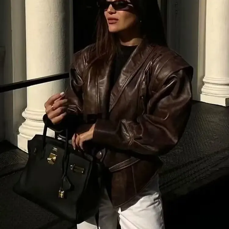 Cappotto da donna Jaet in pelle marrone retrò Faionable Versatile dimagrante Lazy Sle ular Classico taglio dritto in poliestere...