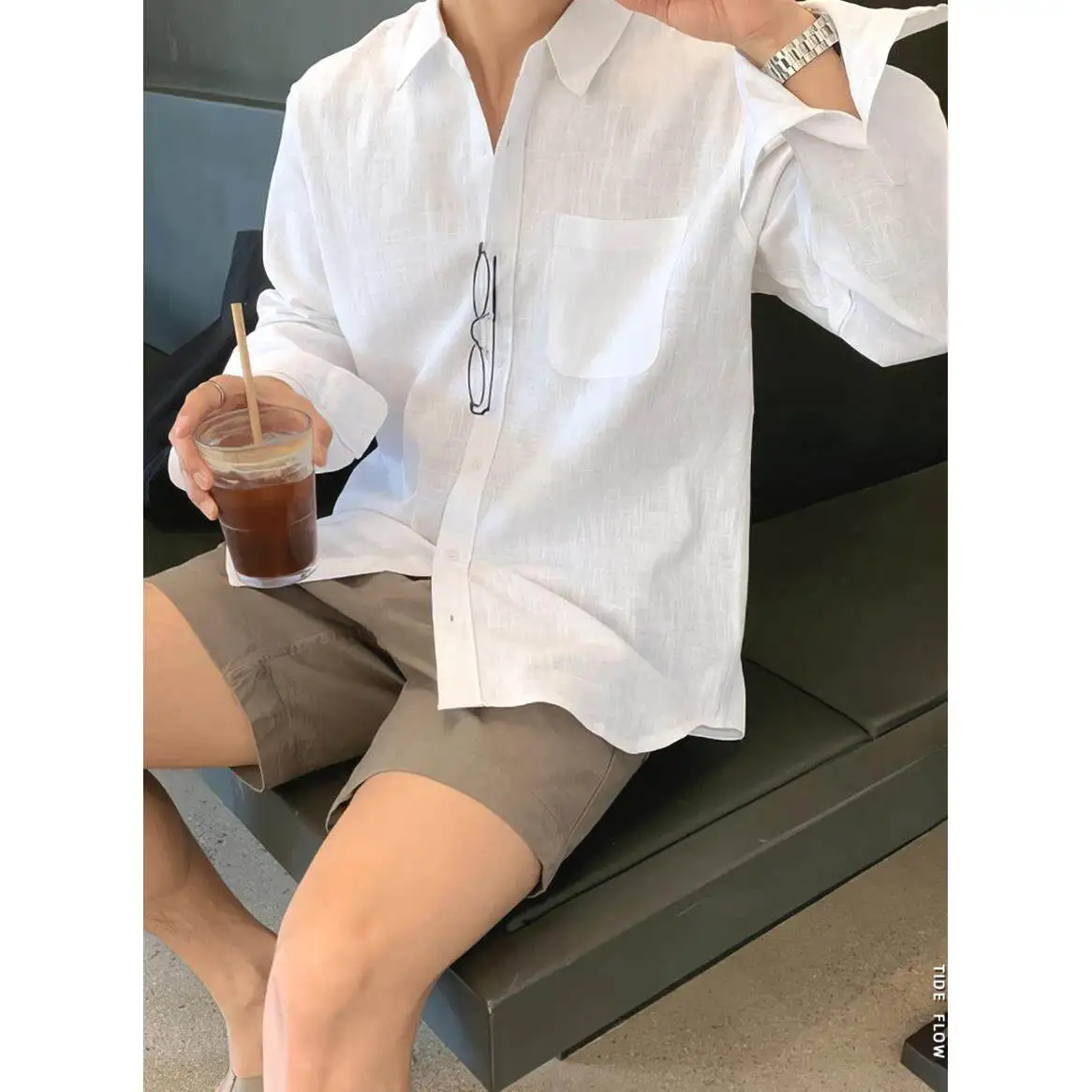 

American Style Men's Cotton Linen Pleated Shirt Loose Long Sleeve Sun Protection Breathable Skin-friendly Workwear Shirt